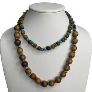 Chico’s Double Strand Brown Wooden Beads Turquoise & Brown Stone Chips Necklace
